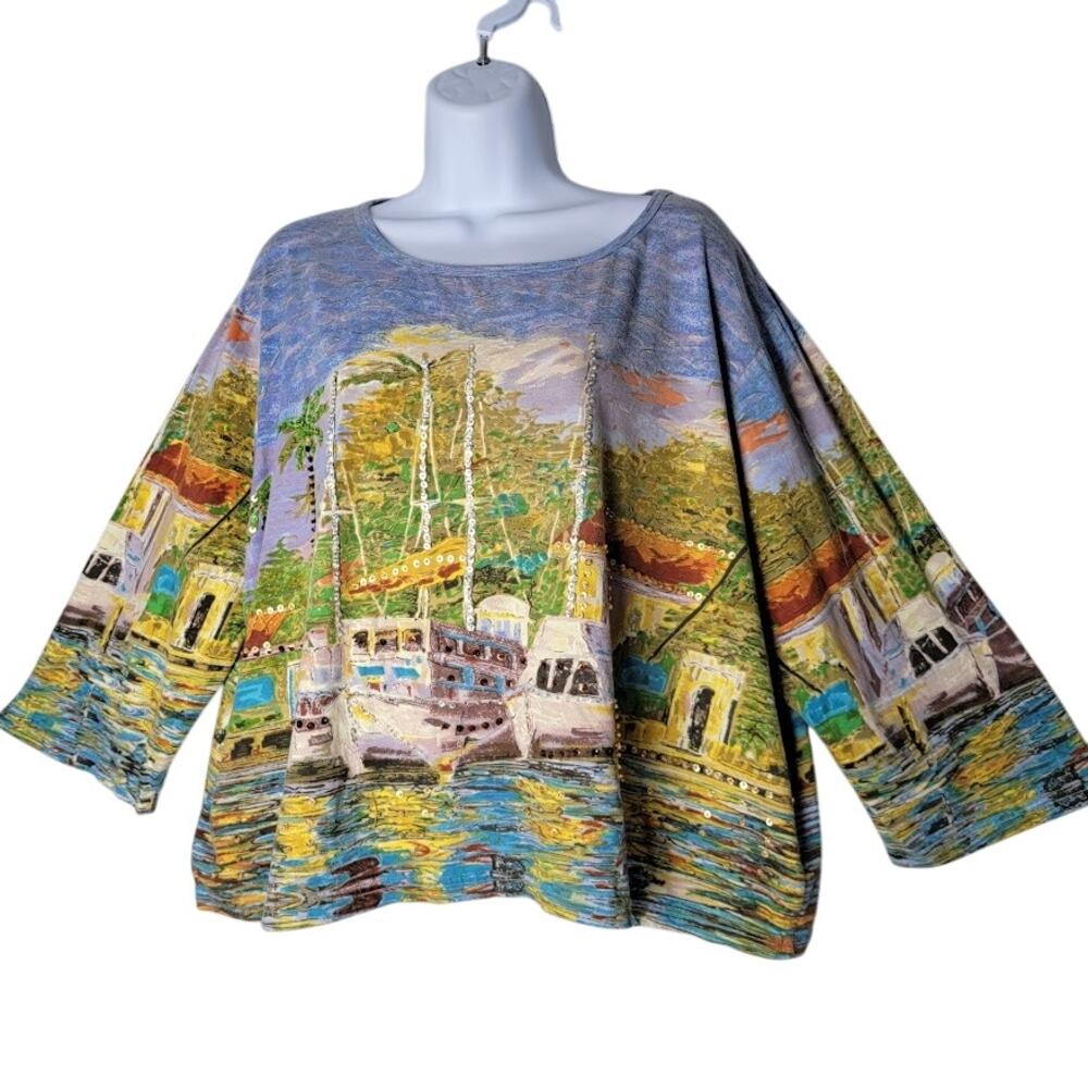Take Two XL Sequin‎ Art Top Scenic Boat Harbor Print Colorful Oversized Dopamine